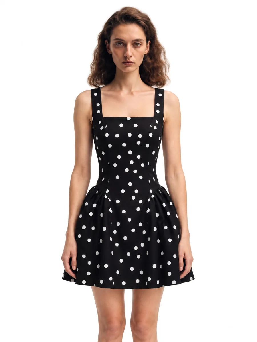 Polka-dot dress on a model, waist-up
