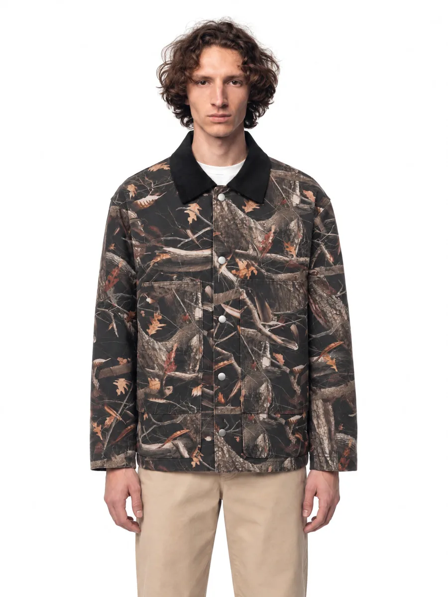 Camo jacket on a model, waist-up