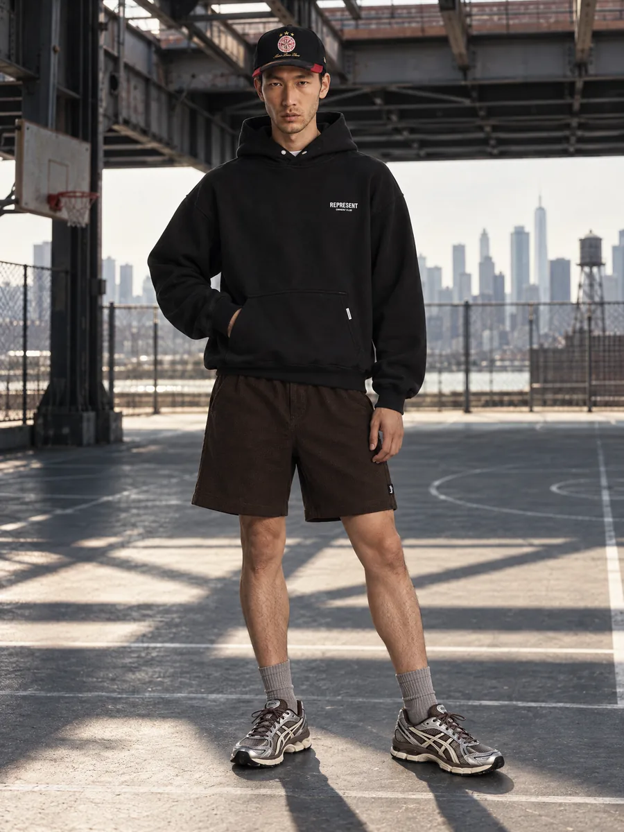 Represent hoodie on a model on a basketball court